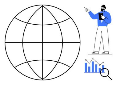 Küresel eğilimleri analiz eden adam istatistiklere işaret ediyor. Dünya genelinde ulaşımı vurguluyor. İş analizi için ideal, küresel strateji, piyasa araştırması, veri yorumlaması, teknoloji, yenilik takım çalışması