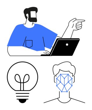 Dizüstü bilgisayarda çalışan ve ileriye bakan adam, yeniliği sembolize eden ampul ve geometrik yüz tanıma sistemiyle yüz yüze. Teknoloji, yapay zeka, makine öğrenimi, yenilik, yaratıcılık için ideal