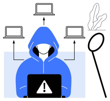 Kapüşonlu bilgisayar korsanı uyarı işareti olan bir dizüstü bilgisayar kullanıyor, ağlı bilgisayarları işaret eden oklar. Güvenlik, hackleme, veri hırsızlığı, teknoloji, çevrimiçi risk, dijital suç, düz metafor