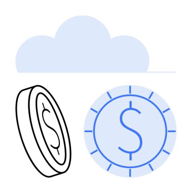 İki madeni para tasviri, biri ana hatlarıyla, diğeri ise bulutların altında modern bulut temelli finansmanı çağrıştırıyor. Tasarruf, yatırım, fintech, ekonomi, dijital işlemler, bankacılık dairesi için ideal