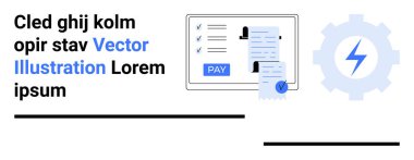 Ekranda kontrol listeli dijital ödeme belgesi, otomasyon için vites kutusu ve işaretli ödeme tuşu. Çevrimiçi finans, otomatik sistemler, modern uygulamalar, verimlilik, e-ticaret, fintech
