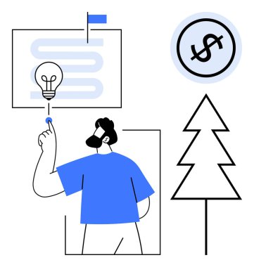 İnsan, bayrak, patika, dolar işareti ve ağaçla çevrili soyut ampullerle etkileşim halinde. Yenilik, planlama, hedefler, büyüme finansmanı yaratıcılık ve sürdürülebilirlik için ideal