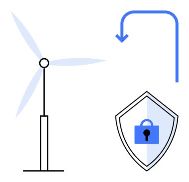 Rüzgar türbini kalkanın yanında asma kilit ve aşağı doğru ok ile korunmayı, sürdürülebilirliği ve yönü temsil ediyor. Yenilenebilir enerji, güvenlik, verimlilik, rehberlik, çevre ve yenilik için ideal