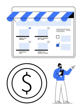 Koruyucu tentenin altında dijital vitrin arayüzü, profil, bir dolar simgesi ve şık karakter gösterimi. E-ticaret, çevrimiçi mağazalar, iş büyümesi, dijital pazarlama, alışveriş için ideal