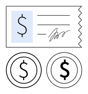 Dolar işareti, imza ve dolar işaretli iki madeni paranın üzerindeki delinme ile kontrol edin. Finans, bankacılık, ödeme, işlemler, tasarruflar, sabit bütçe metaforu için ideal