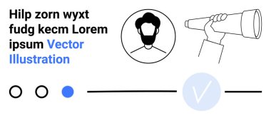 Sakallı ve teleskoplu profil avatarı ileri görüşlü olduğunu gösteriyor. Metin bölümü ve takip cihazını içerir. İş stratejisi, vizyon, gelecekteki hedefler, liderlik ve ilerleme takibi için ideal