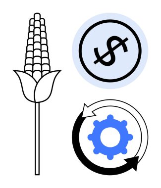 Oklarla çevrelenmiş mısır sapı, dolar işareti ve teçhizat tarımı, ekonomiyi, üretimi, sürdürülebilirliği, sanayiyi, ticareti ve karlılığı sembolize ediyor. Ticari ticaret ve yenilik için ideal