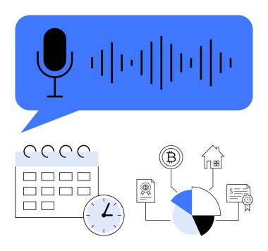 Takvim, saat ve pasta grafiğinin üstündeki konuşma balonunda mikrofon ve dalga ikonu engelleme mekanizmasına bağlı. Ses teknolojisi, programlama, üretkenlik, finans, engelleme zinciri, veri yönetimi dairesi için ideal