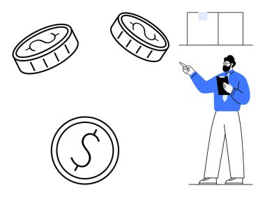 Mali durumları temsil eden madeni paralarla çevrili bir tabloya bakarken elinde bir pano tutan kişi. İş, finans, yatırım, ekonomi, bütçe, analitik eğitim için idealdir. Düz basit metafor