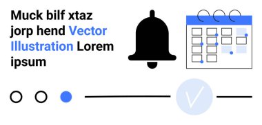 Çan simgesi anımsatıcı, takvim çizelgesi, vektör illüstrasyonlu metin tutucu, ilerleme göstergeleri. Üretkenlik, planlama, bildirimler, hatırlatıcılar, programlama için ideal