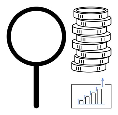 Yığılmış bozuk paralarla büyüteç ve büyüme ve analizi ön plana çıkaran çizelge. Finans, ekonomi, yatırım, iş, araştırma, strateji ve analitik için ideal. Düz basit metafor