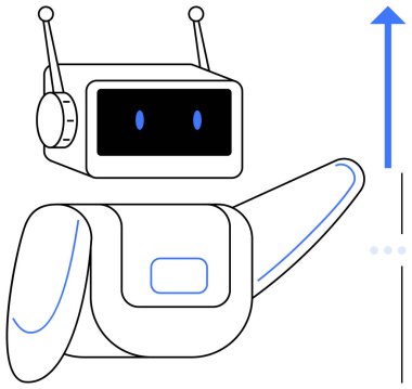 Antenleri ve dikdörtgen bir kafası olan cana yakın bir robot bir okla yukarı doğru hareket ediyor. Teknoloji, yenilik, yapay zeka, ilerleme, büyüme, robotik ve gelecek kavramları için ideal