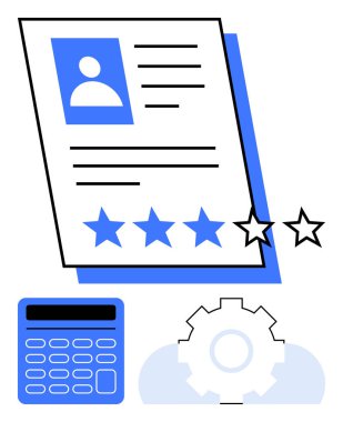 Profil fotoğrafı, derecelendirme yıldızları, vites simgesi ve hesap makinesi olan belgeye devam et. İşe alım, verimlilik, kariyer büyümesi, öz değerlendirme, karar verme, performans takibi için ideal basit