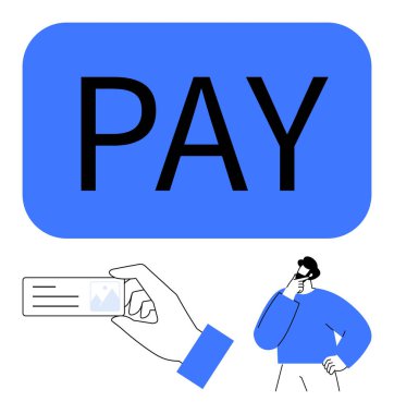 Bir elin üstünde, düşünceli bir figür tarafından tamamlanmış, büyük bir ödeme mesajı. Finans, ödeme, karar verme, alışveriş, e-ticaret, yenilik dijital güvenlik için idealdir. Düz basit metafor