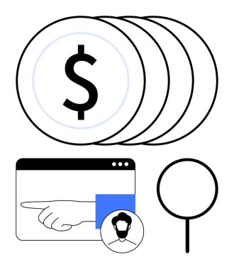 Dolar işareti olan bozuk paralar, tarayıcı penceresinin içini gösteren eller, arama lensleri ve kullanıcı profili. Finans, çevrimiçi ödeme, yatırım, e-ticaret analiz bütçesi ve fintech için ideal. Düz