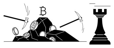 Kazmalar satranç kalesinin yanındaki bitcoin dolu taşları vuruyor, finansal madencilik, strateji ve yenilikleri vurguluyor. Kripto, engelleme zinciri, madencilik, yatırım, teknoloji sektörü için ideal