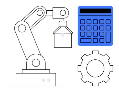Robotik kol kaldırma objesi, mavi hesap makinesi, ve otomasyon, imalat, teknoloji, mühendislik, optimizasyon, endüstriyel işlemler problem çözme. Yenilik için ideal