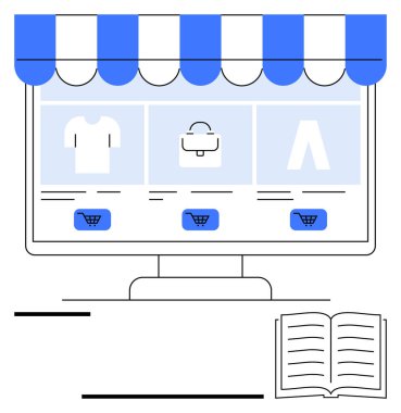 Vitrin güneşliği, ürün simgeleri, alışveriş arabaları, açık kitap. E- ticaret, perakende, eğitim, pazarlama çevrimiçi dijital iş ve alışveriş için idealdir. Düz basit metafor