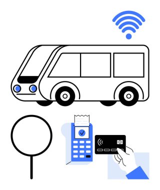 Modern otobüs, kablosuz sinyal, ödeme terminali, kart işlemi, otobüs durağı tabelası. Toplu taşıma, ulaşım sistemleri, nakit ödemeler, kentsel bağlantı hizmetleri teknolojisi için ideal