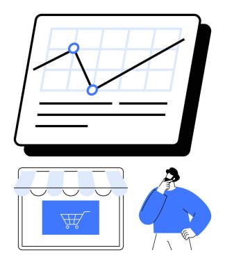 Veri eğilimli grafikler, bir çevrimiçi mağaza simgesi ve düşünceli bir birey. İş, analitik, e-ticaret, pazarlama, karar verme, strateji planlaması için ideal düz metafor