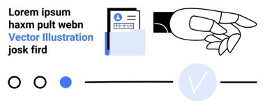Bir kontrol işareti ve daireler de dahil olmak üzere arayüz elemanlarıyla çevrili bir belgeye doğru uzanan dijital el. Yapay zeka, otomasyon, teknoloji, yenilik, dijital etkileşim, fütüristik