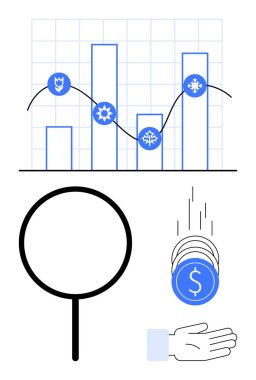 Simgeli bar çizelgesi, büyüteç, bozuk paraların altında el. Finans, iş, yatırım, veri analizi, ekonomik planlama pazar eğilimleri için idealdir. Düz basit metafor