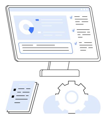 Çizelgeleri, kontrol listeleri ve görev yönetimi arayüzü olan bilgisayar ekranı, aşağıda istiflenmiş belgeler, işlem otomasyonunu sembolize eden teçhizat. İş akışı, analitik, verimlilik ve planlama için ideal
