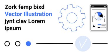 Akıllı telefon ekranındaki pasta grafiği, metin blokları ve ilerleme göstergeleri de dahil olmak üzere dişli simgesi ve veri görselleştirme elemanlarıyla mobil uygulama düzeni. Uygulama tasarımı, UIUX, yazılım geliştirme için ideal