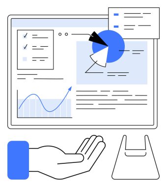 Turta grafiği, kontrol listesi, büyüme grafiği, destek için el ve alışveriş poşeti içeren veri göstergesi. Analiz, sürdürülebilirlik, takım çalışması, büyüme planlaması için ideal eko-bilinç