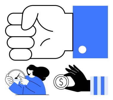 Otoriteyi sembolize eden büyük bir yumruk, hız göstergesini ayarlayan kadın, el ele tutuşan bozuk para, çizgili desen. Liderlik, kontrol, zamanlama, finans yönetimi verimlilik kararları için ideal. Düz basit