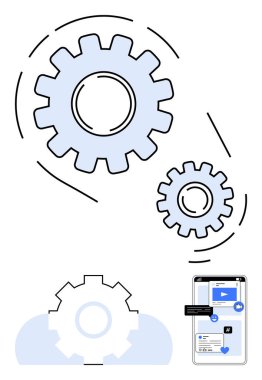 Uygulama arayüzü elemanları olan bir akıllı telefon ekranının yanında senkronizasyonu sağlayan iki vites. Teknoloji, otomasyon, uygulama geliştirme, mühendislik, ilerleme, yenilik, problem çözme için ideal