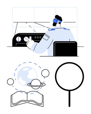 Pilot havacılık kontrollerini ayarlıyor, gezegen yörüngesi tasarımı, öğrenmeyi sembolize eden açık bir kitap, ve araştırma kavramları için büyüteç. Eğitim, bilim, keşif, havacılık ve öğrenim için ideal