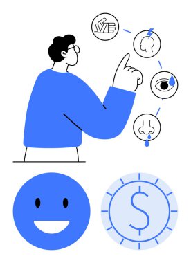 Para, sağlık ve duyguları temsil eden finansal ve sağlıklı denge odaklı ikonları gösteren bir adam. Sağlık, finans, karar verme, kullanıcı deneyimi, zihinsel