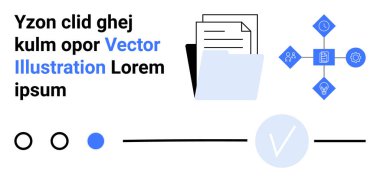 Belgeli klasör, veri analiz simgeleri ve işaretli bir daire. İş yönetimi, veri analizi, iş akışı optimizasyonu, belge organizasyonu, ofis araçları, üretkenlik için ideal