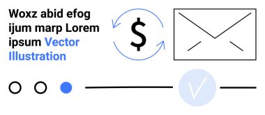 Zarf simgesi, dolar sembolü etrafında dairesel oklar, seçim çemberleri, metin örneği. E- posta pazarlama, finansal işlemler, dijital iletişim, kullanıcı geribildirimi, web sitesi navigasyonu için ideal