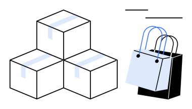 Üst üste binen iki alışveriş çantasının yanına bantlanmış üç kargo kutusu. E-ticaret, perakende sektörü, lojistik, ambalaj, çevrimiçi alışveriş, dağıtım hizmetleri, iş