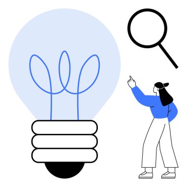 Kadın, yakınlarda yüzen bitki teli ve büyüteçle büyük ampulü işaret ediyor. Yenilik, fikirler, yaratıcılık, araştırma, analiz, büyüme ve keşif için idealdir. Düz basit