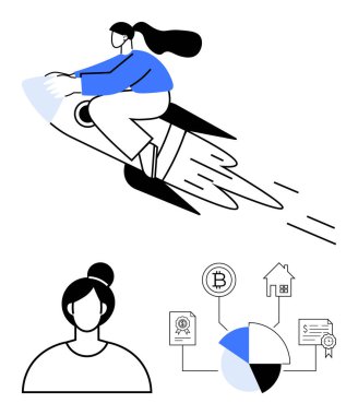 Roketle yükselen soyut tarzda yatırım, kripto para, gayrimenkul ve planlama ikonları ile eşleştirilmiş bir kadın. İlerleme, yenilik, mali büyüme ve motivasyon için ideal