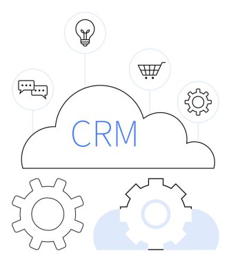 Merkezi CRM bulutta, vitesli, süreç otomasyonunu sembolize eden, fikirler için ampul, iletişim için sohbet baloncukları, satış için alışveriş arabası, proje yönetimi için ideal, veri analizi, otomasyon