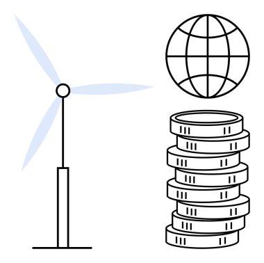 Rüzgar türbini, madeni para yığını ve yenilenebilir enerjiyi, sürdürülebilir kaynakları ve yeşil yatırımı vurgulayan küre. Sürdürülebilirlik, ekonomi, enerji ve çevre yeniliği için ideal ilerleme