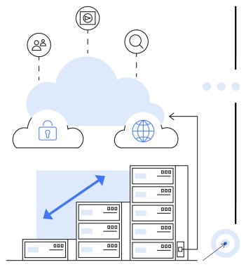Güvenlik, arama, içerik ve küresel paylaşım için ikonlar aracılığıyla ölçeklenebilir sunuculara bağlı bulut servisleri. Veri depolama, bulut hesaplama, web sunuculuğu, ölçeklenebilirlik, güvenlik bilimi için ideal