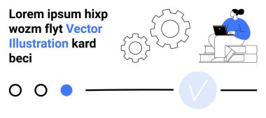 Çevreleyen dizüstü bilgisayar elemanları arasında vites simgeleri, metin blokları ve ilerleme göstergeleri yer alıyor. Teknoloji, eğitim, üretkenlik, süreç açıklaması, iş akışı, kullanıcı arayüzü için ideal