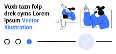 Çizgi film karakterleri arasında dürbün ve dizüstü bilgisayar kullanan bir kadın, yukarıya bakan başka bir kadın vardır. Metin bölümü ve etkileşimli arayüz elemanları. Web siteleri, reklamlar, sunumlar, dersler için ideal