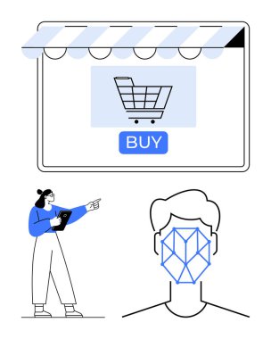 Alışveriş arabalı ve satın alma düğmeli büyük bir online alışveriş ekranı işaret eden tablet kullanan bir kadın, soyut yüz tanıma çizgisi. Teknoloji, e-ticaret, dijital güvenlik, kimlik için ideal