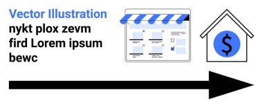 İnternet sitesi vitrininde mavi ve beyaz tenteli, bir evin içinde dolar işaretinin yanında, kalın okla bağlanmış. İş büyümesi, e-ticaret, mali başarı, ev işi, çevrimiçi mağaza için ideal
