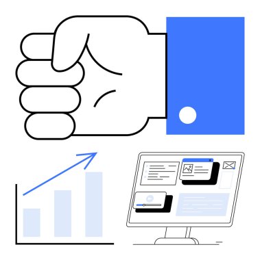 Kararlılıkta yumruk, yukarı doğru çizelge ve masaüstü arayüzü büyümeyi, odaklanmayı ve başarıyı simgeler. Motivasyon, üretkenlik, büyüme analitik geliştirme, takım çalışması hedef başarısı için idealdir. Düz