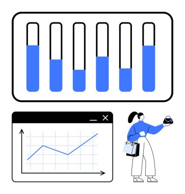 İlerleme çubukları, yükselen eğilimli büyüme grafiği, dünyayı tutan kişi ve raporlar. İş analitiği, finans, büyüme izleme, karar verme, liderlik, eğitim dairesi için ideal basit bir metafor