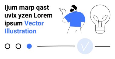 İnsan hareketi, soyut ampul ikonu ve tipografik elementler. Yaratıcılık, beyin fırtınası, yenilik, tasarım, pazarlama eğitimi ve sunumlar için idealdir. İniş sayfası