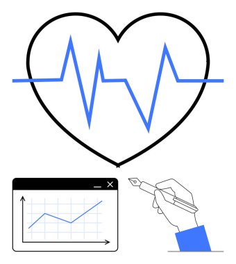 Kalp atışı çizgisi olan kalp, veri ve eğilimleri analiz eden grafik, kalemle çizim yapan el çizimi. Sağlık, sağlık, tıbbi ilerleme, fitness takibi, kardiyoloji analitik verimliliği için ideal. Düz basit
