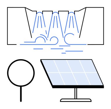 Akan su, güneş paneli ve rüzgar türbini resimli hidroelektrik barajı. Sürdürülebilirlik için ideal, yeşil teknoloji, enerji korunumu, çevresel etki, temiz güç, yenilenebilir enerji